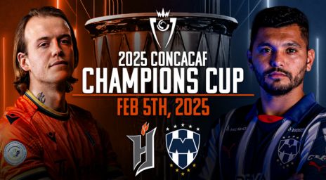Players from Forge FC and CF Monterray on a poster for the 2025 CONCACAF Champions Cup happening on February 5, 2025